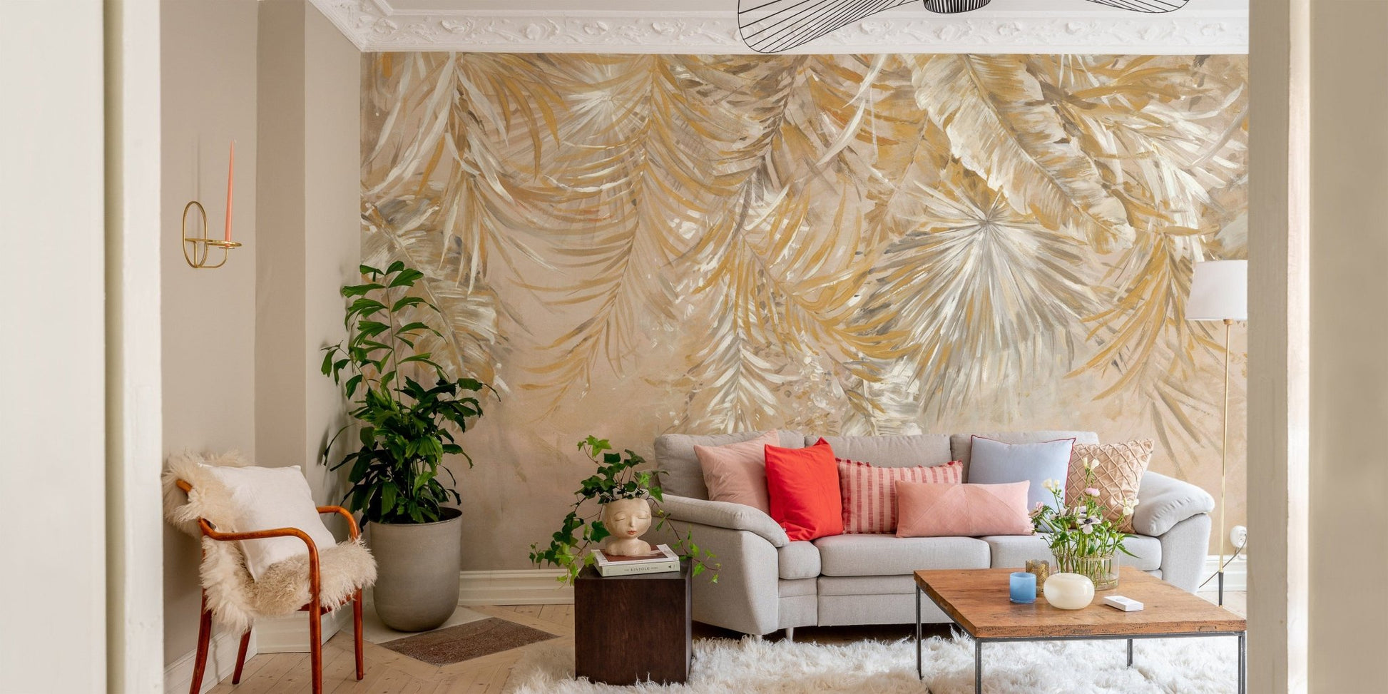 Luxurious gold palm leaves wall mural D263
