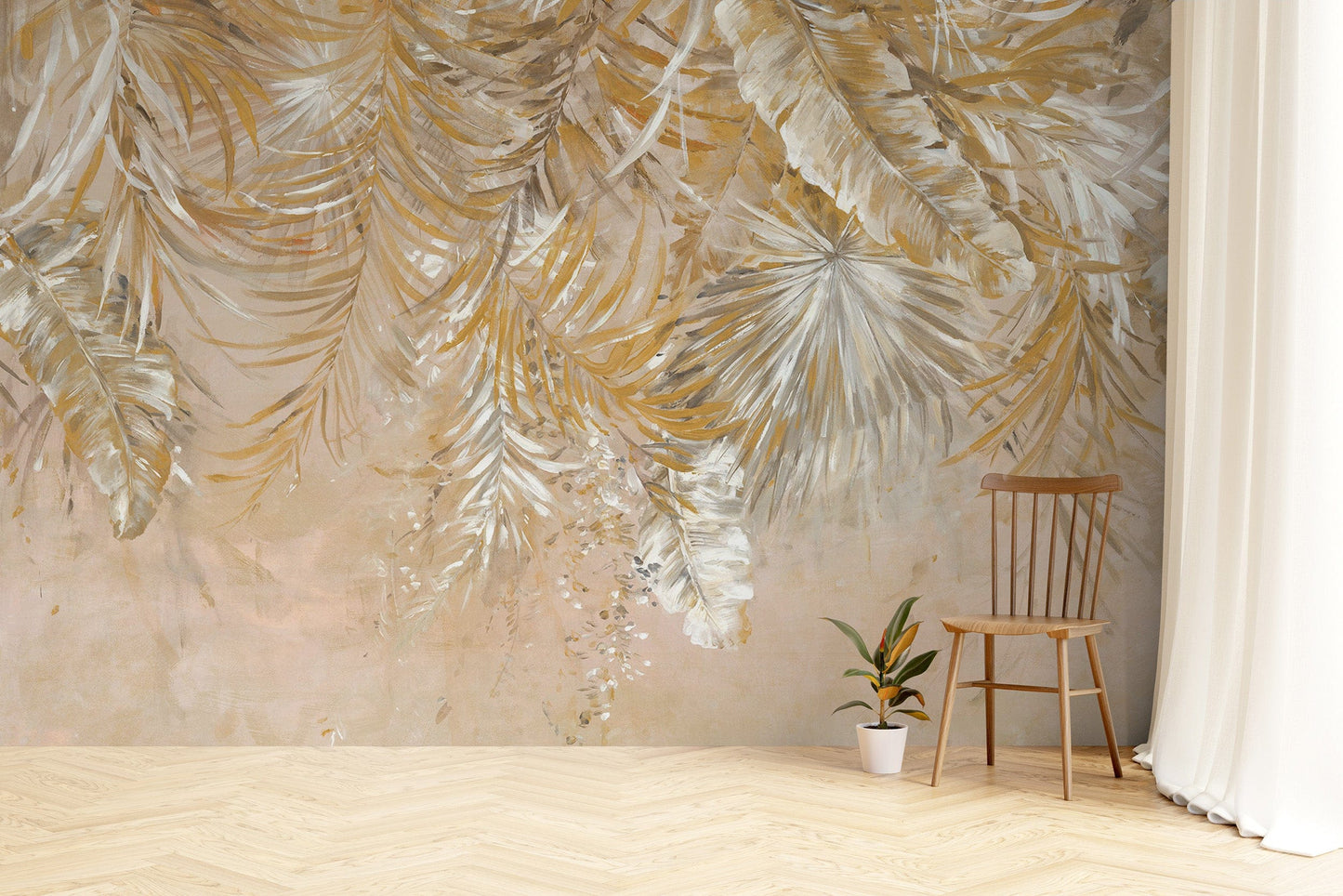 Golden foliage tropical wallpaper print
