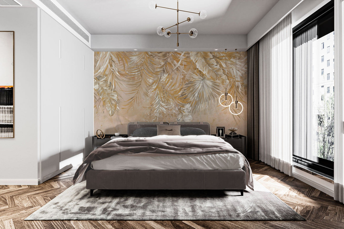 Hand-painted golden palm wallpaper
