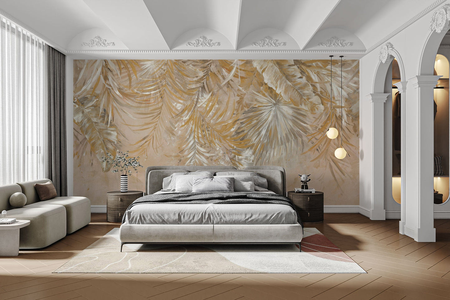 Warm-toned botanical palm leaf mural
