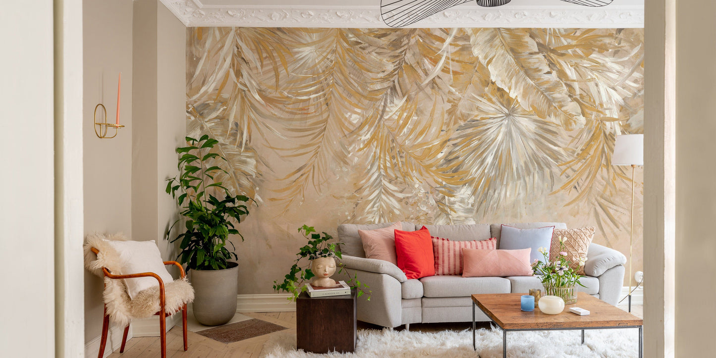 Luxurious gold palm leaves wall mural
