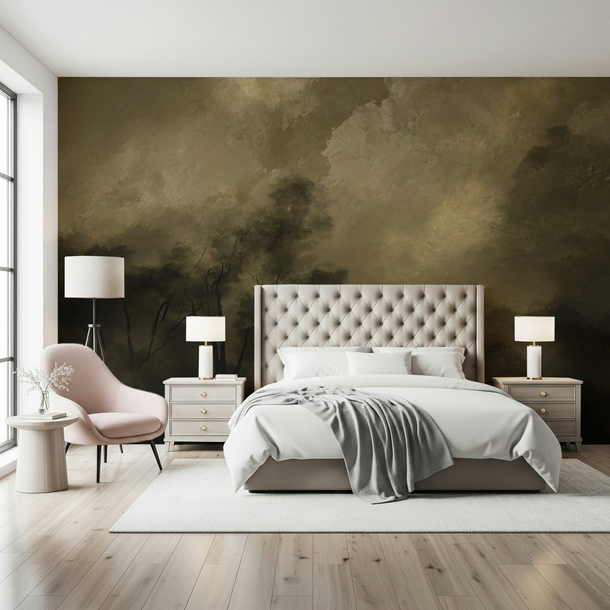 A peaceful modern abstract mural on decorative wallpaper., GD5583