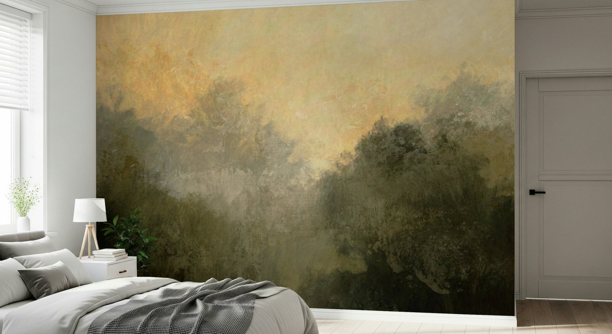 A beautiful golden valley wallpaper mural with subtle, hazy light., GD5682