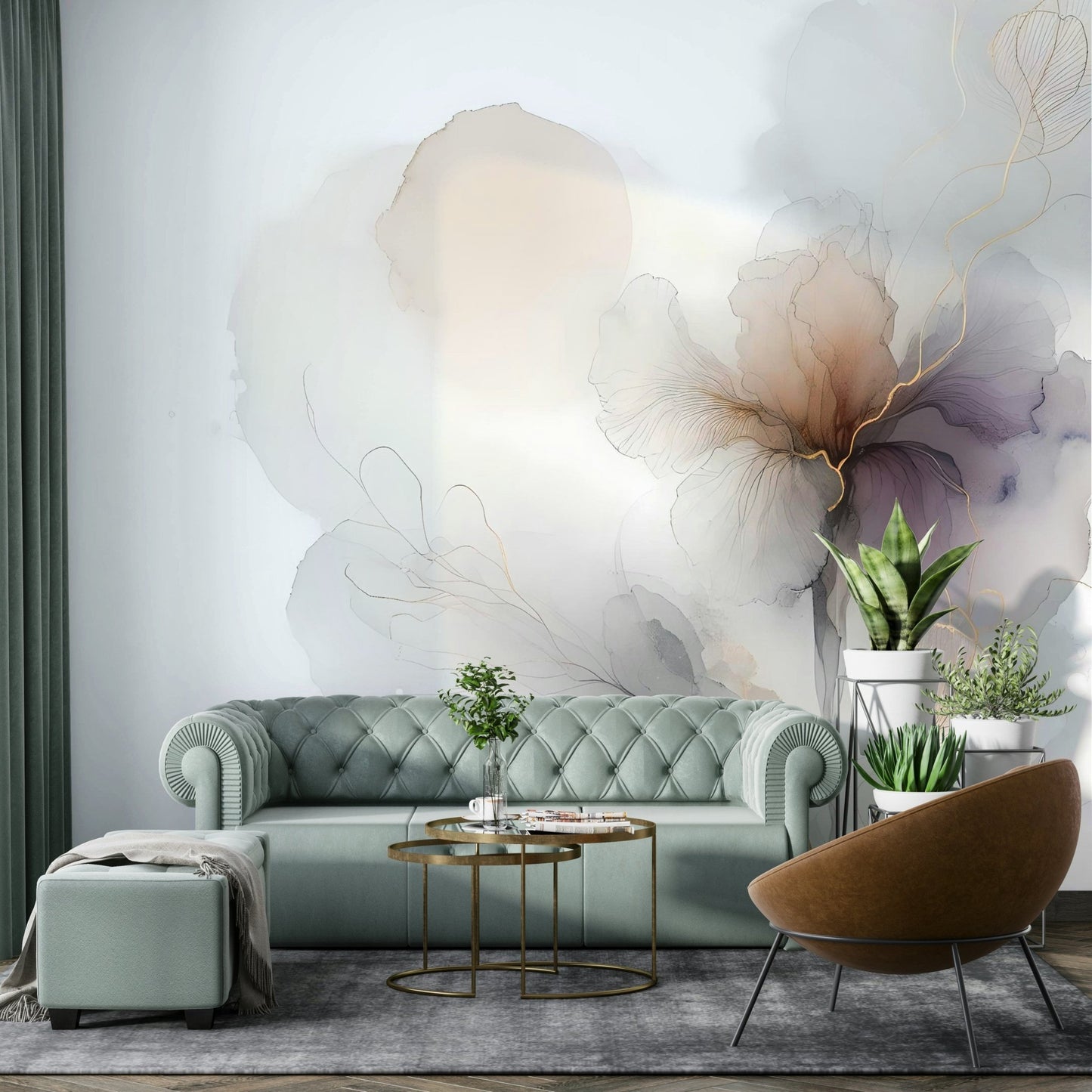 Luxurious botanical mural in gold and neutral tones.

