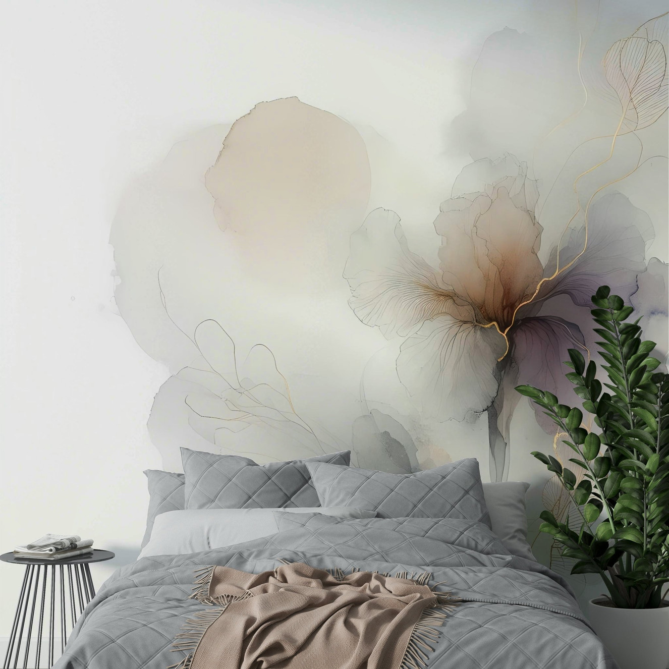 Botanical mural with golden vein leaf detailing.

