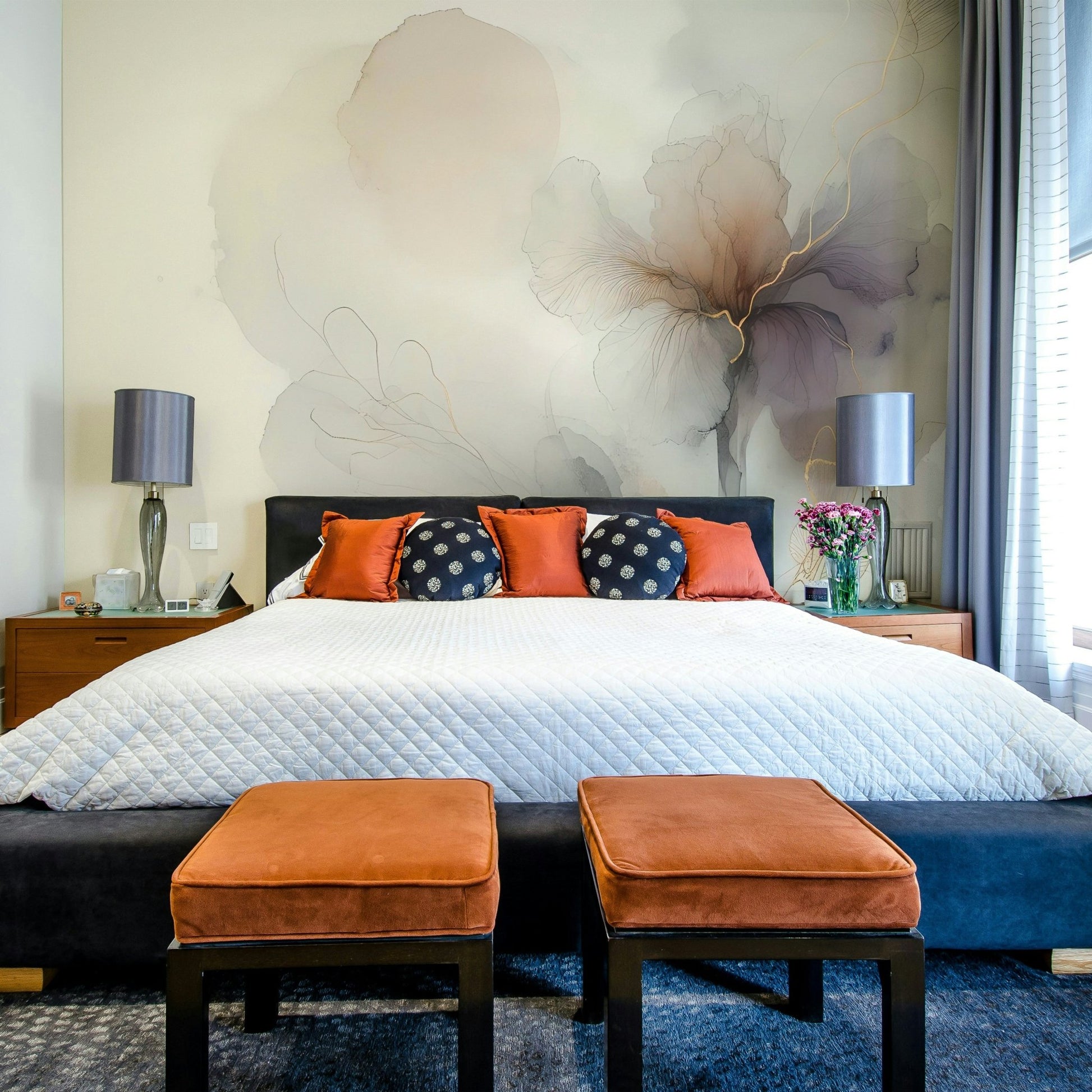 Contemporary mural of leaves with gilded veins.

