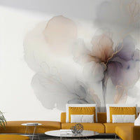 Artistic leaf mural with golden vein textures.

