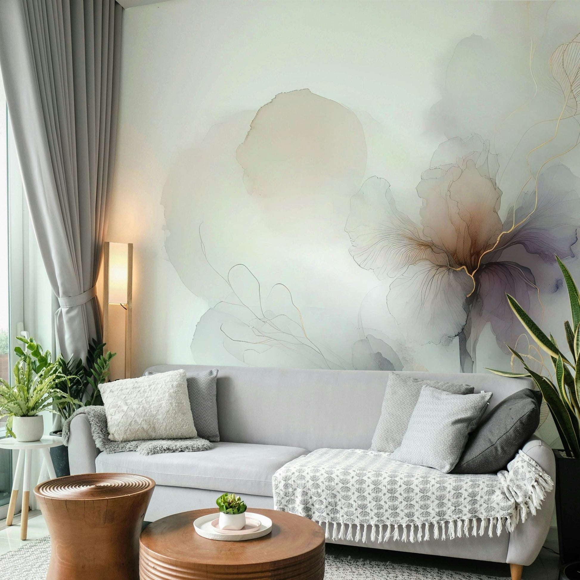 Wall mural featuring tropical leaves with gold accents.

