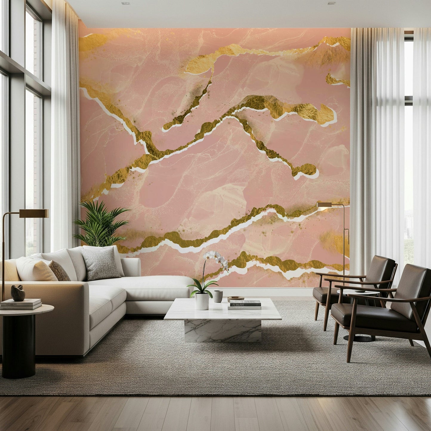 Contemporary dining area featuring the Golden Veins Blush Marble wall mural.