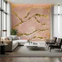 Contemporary dining area featuring the Golden Veins Blush Marble wall mural.
