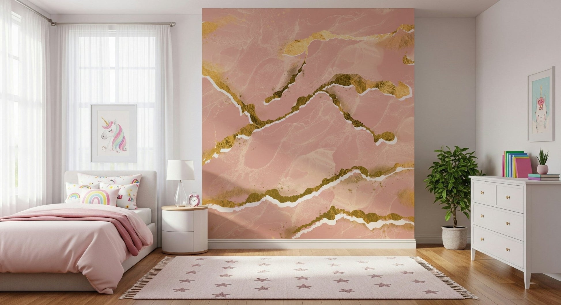 Metallic gold veining detail in the Golden Veins Blush Marble wall mural.