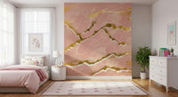 Metallic gold veining detail in the Golden Veins Blush Marble wall mural.