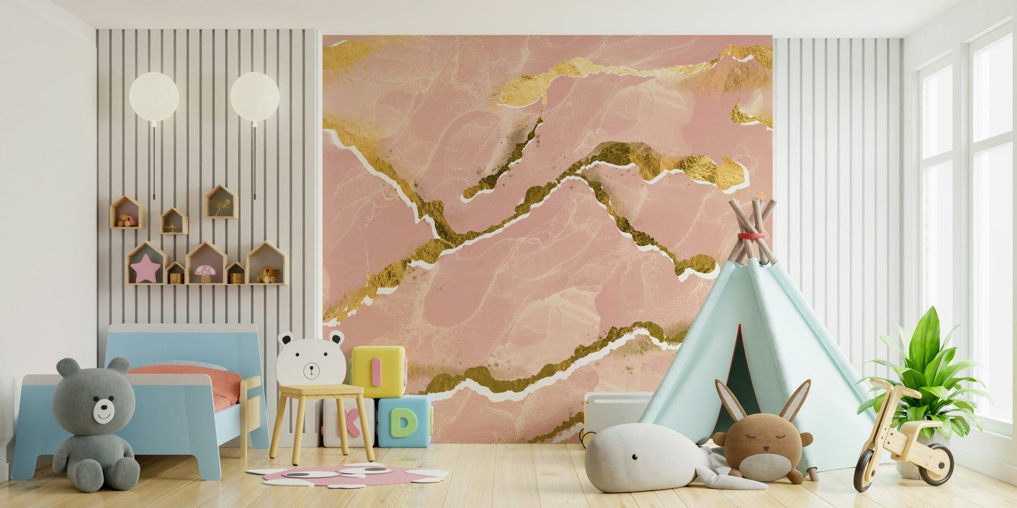 Golden Veins Blush Marble wall mural in a luxury bedroom., GD6214
