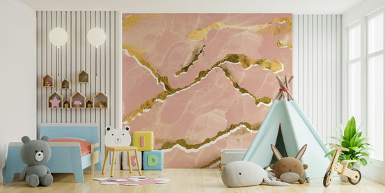 Golden Veins Blush Marble wall mural in a luxury bedroom., GD6214