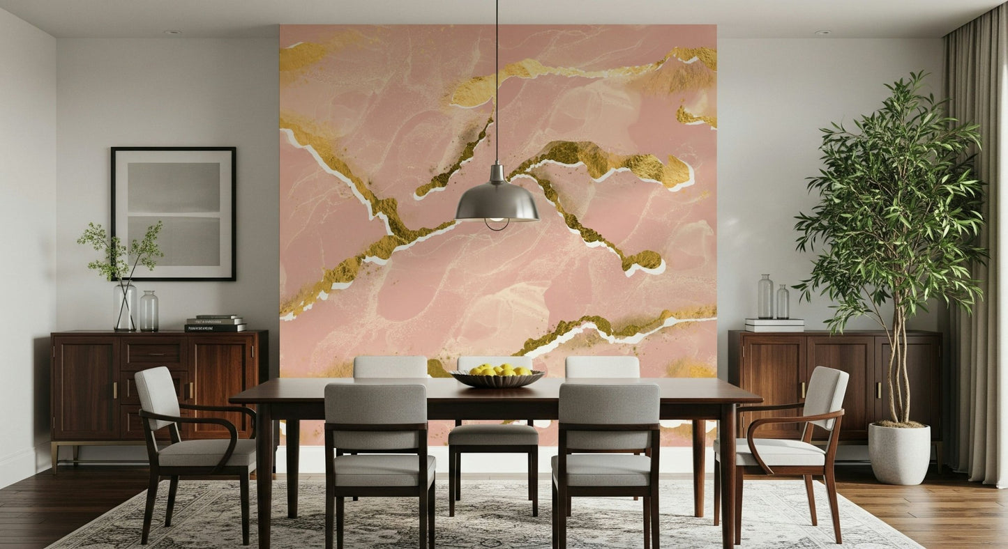 Abstract faux marble texture of the Golden Veins Blush Marble wall mural.