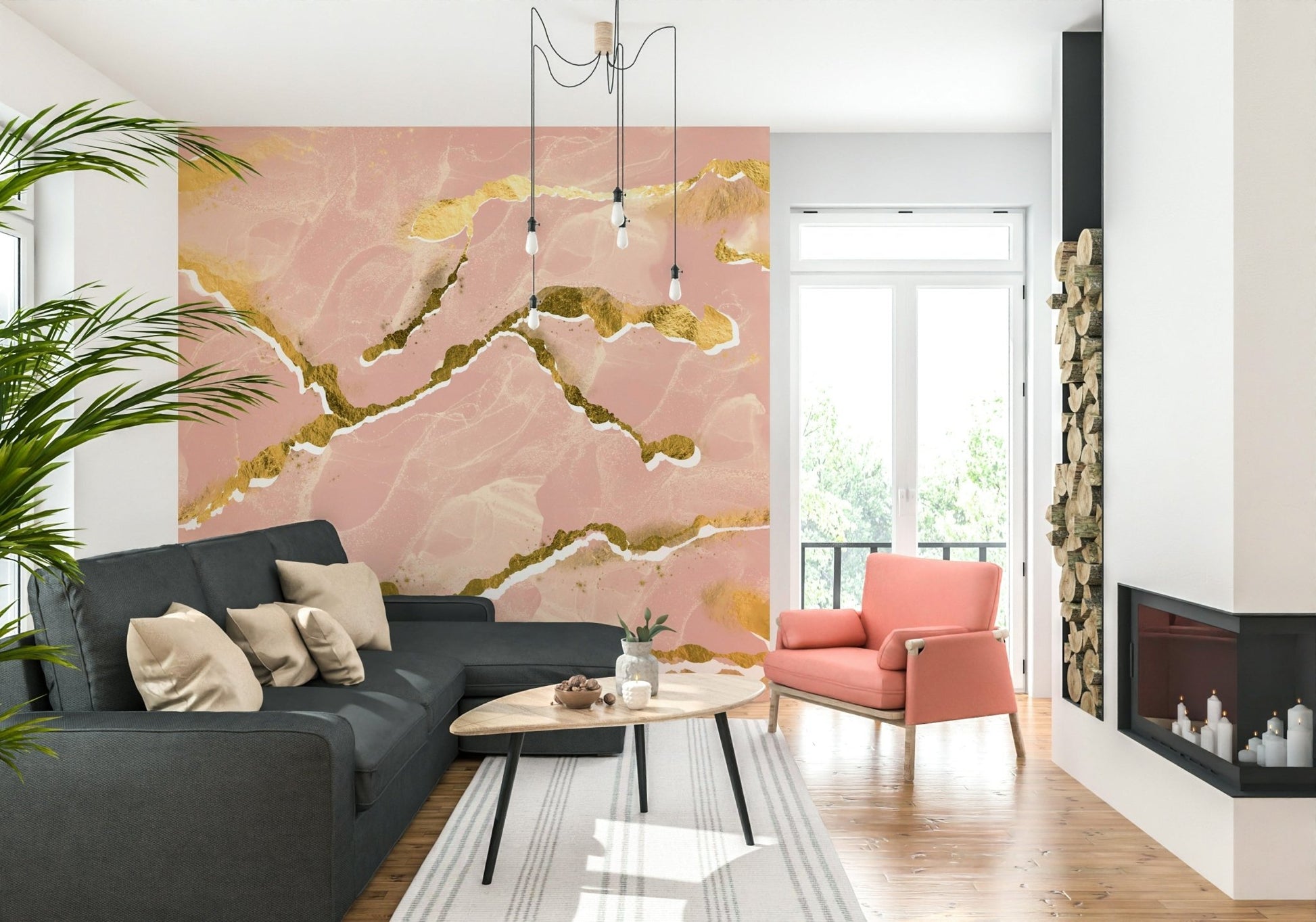 Full view of an airy nursery with Golden Veins Blush Marble wall mural.