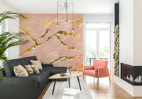 Full view of an airy nursery with Golden Veins Blush Marble wall mural.