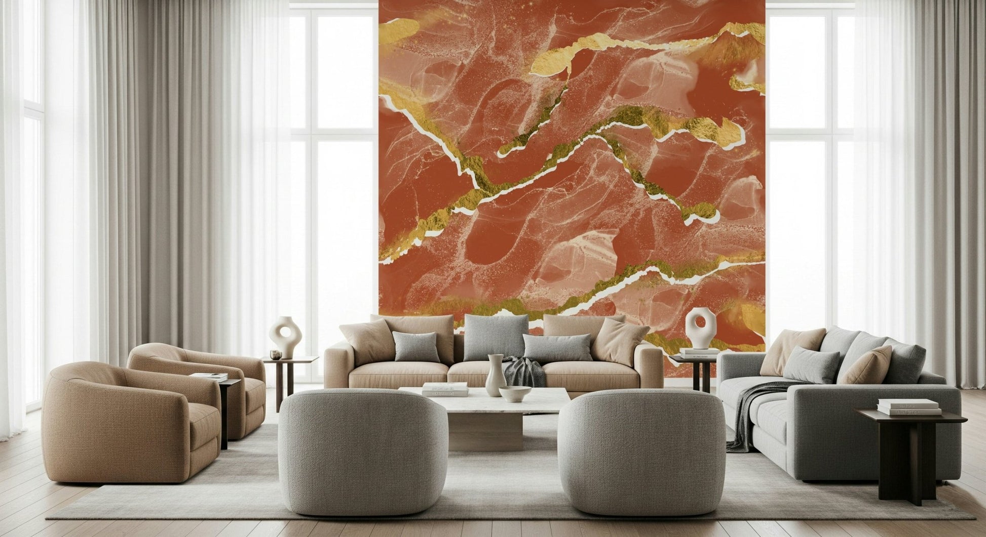 Warm terracotta tones in the Golden Veins Burnt Sienna Marble Wall Mural.
