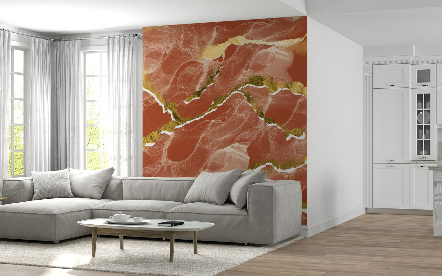 Full view of a stylish living room with the Golden Veins Burnt Sienna Marble Wall Mural.