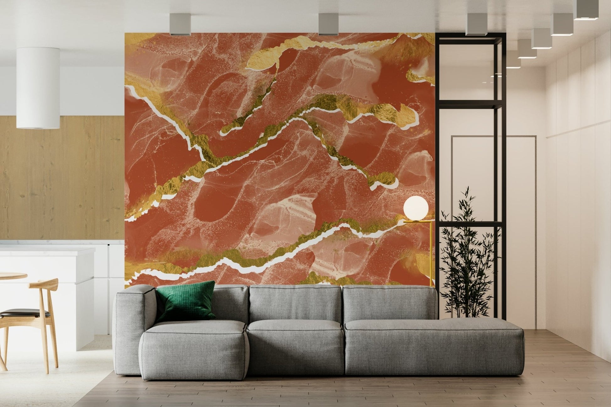 Golden Veins Burnt Sienna Marble - Modern Luxe Abstract Wall Mural behind a wooden console.
