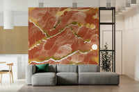 Golden Veins Burnt Sienna Marble - Modern Luxe Abstract Wall Mural behind a wooden console.
