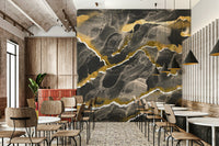 Full view of an elegant dining room with Golden Veins Charcoal Marble.