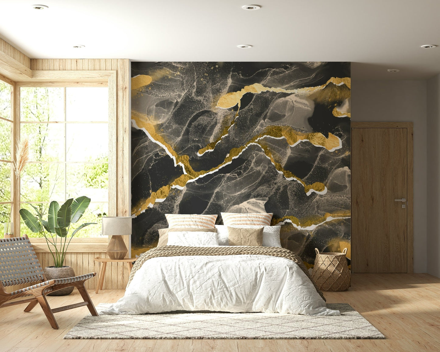 Metallic gold veining detail in the Golden Veins Charcoal Marble mural.