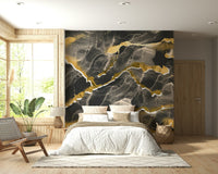 Metallic gold veining detail in the Golden Veins Charcoal Marble mural.