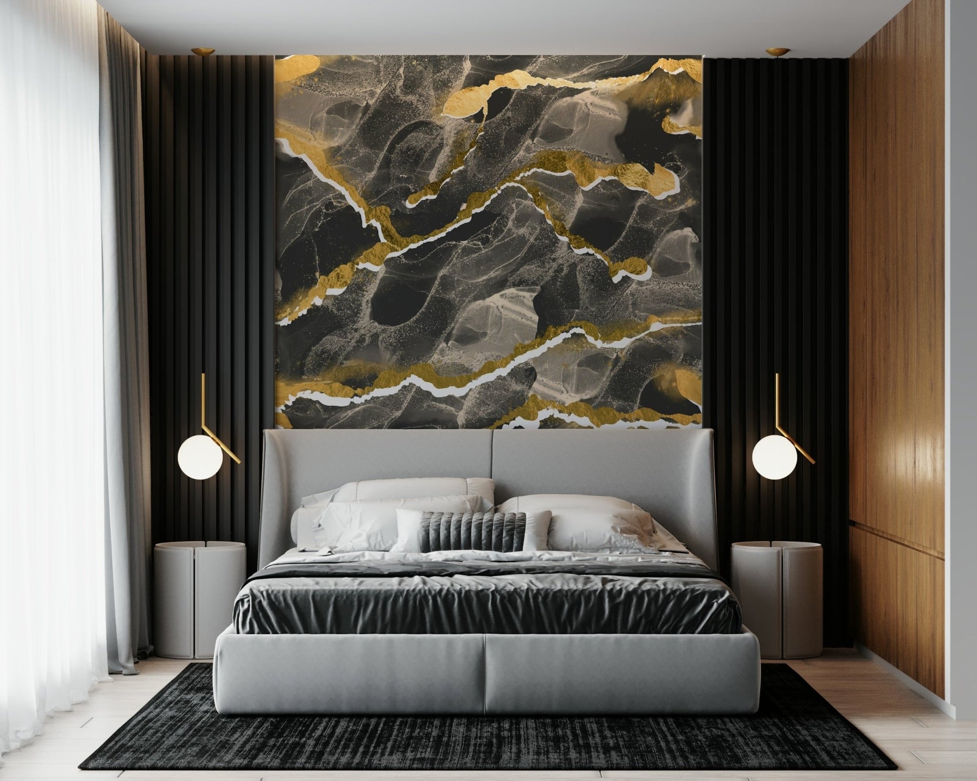 Abstract faux marble pattern of the Golden Veins Charcoal Marble design.