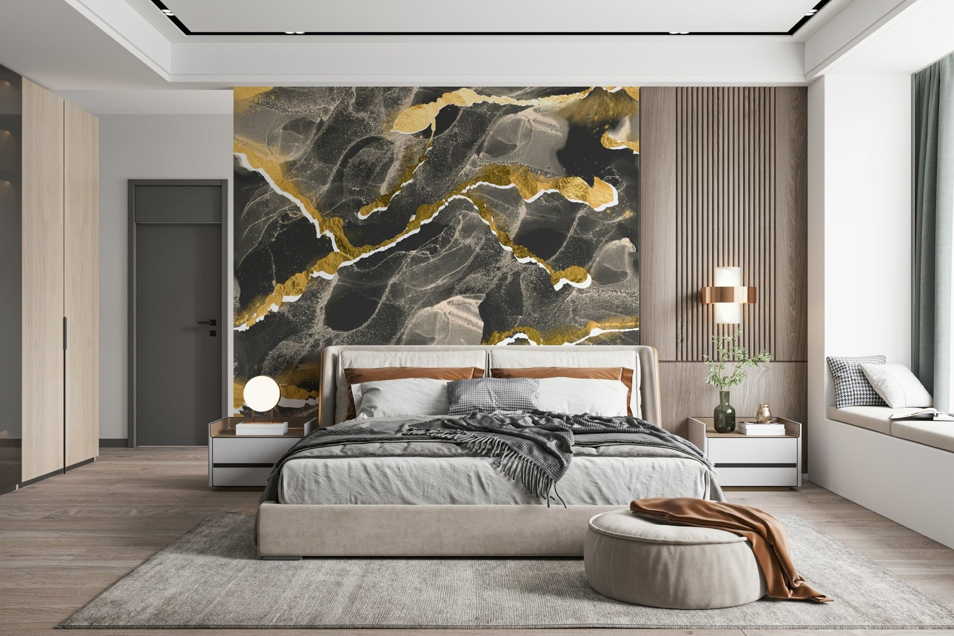 Deep charcoal gray tones of the Golden Veins Charcoal Marble mural.