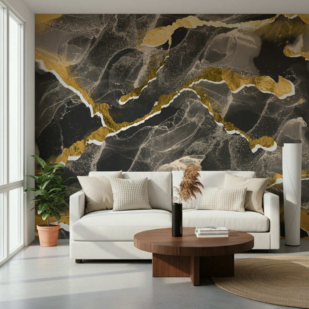 Golden Veins Charcoal Marble accent wall behind a velvet bed.