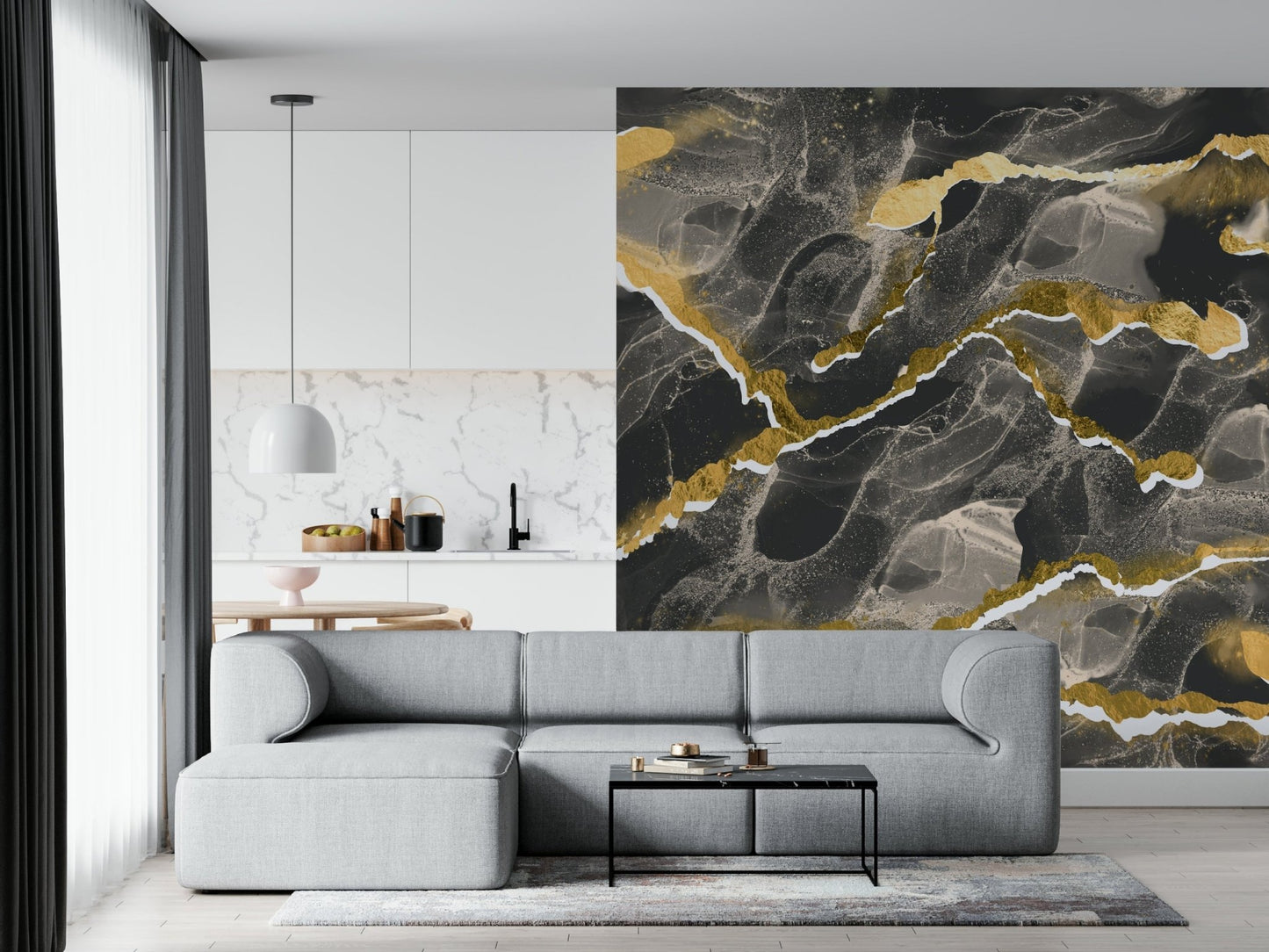 Luxurious designer office with the Golden Veins Charcoal Marble mural.