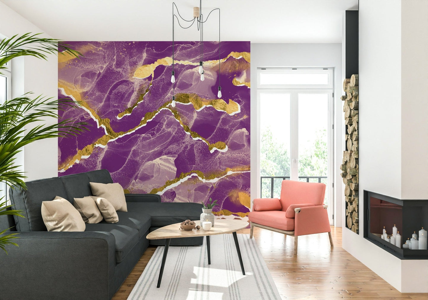 Luxurious home office featuring the Golden Veins Cosmic Violet Marble mural.