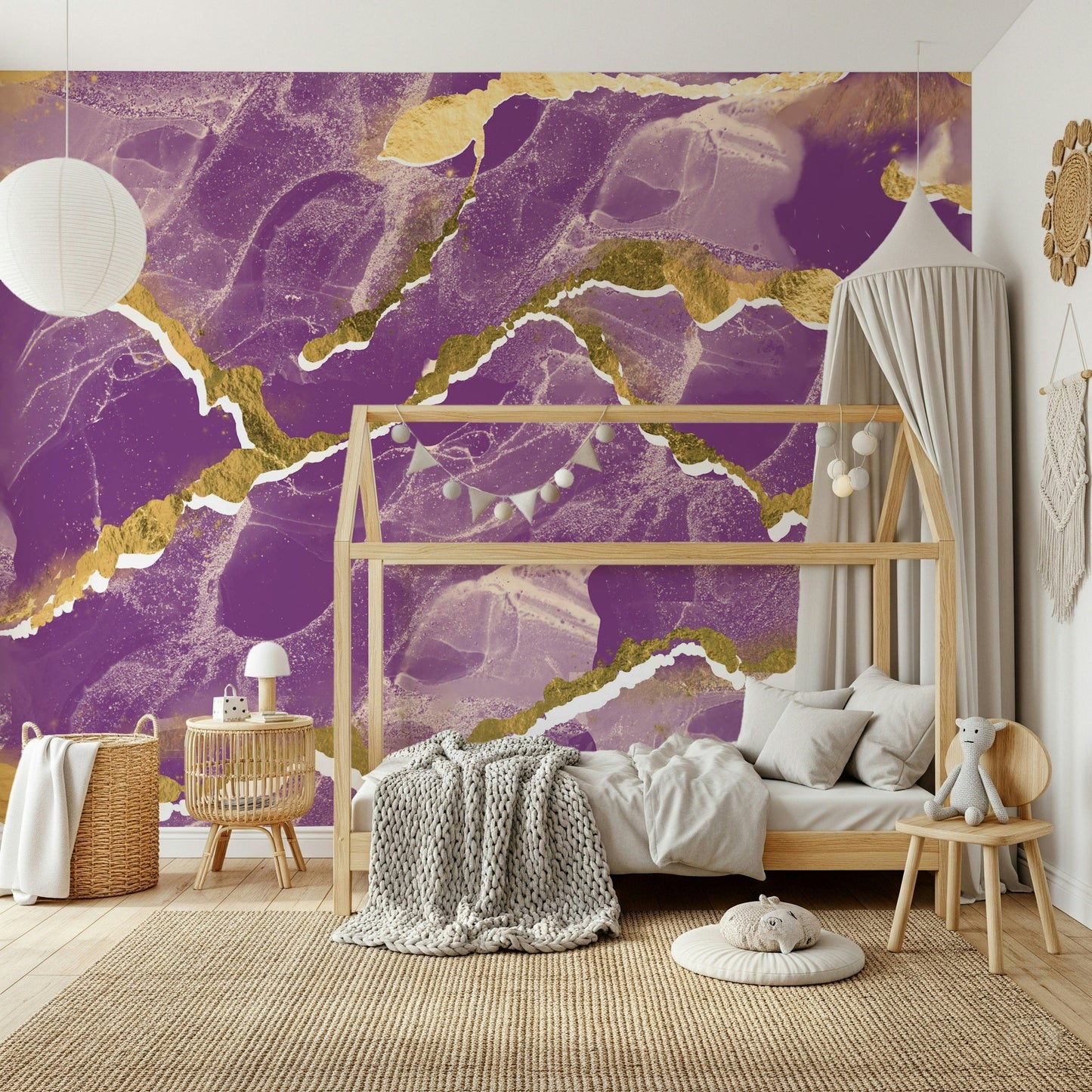 Dramatic violet and gold tones of the Golden Veins Cosmic Violet Marble mural.