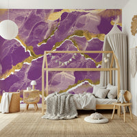 Dramatic violet and gold tones of the Golden Veins Cosmic Violet Marble mural.