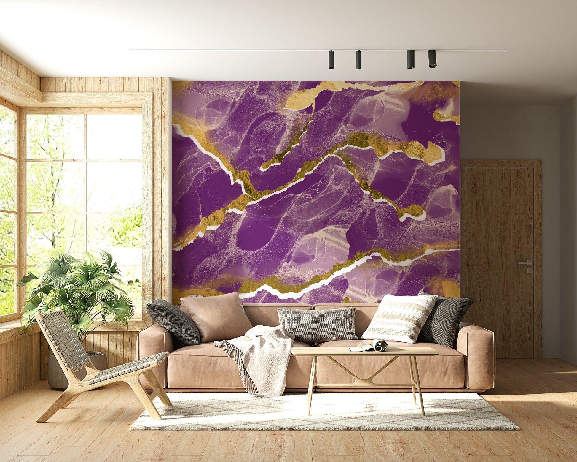 Full view of a modern living room with Golden Veins Cosmic Violet Marble.