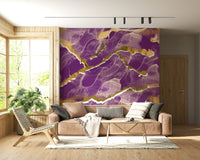 Full view of a modern living room with Golden Veins Cosmic Violet Marble.