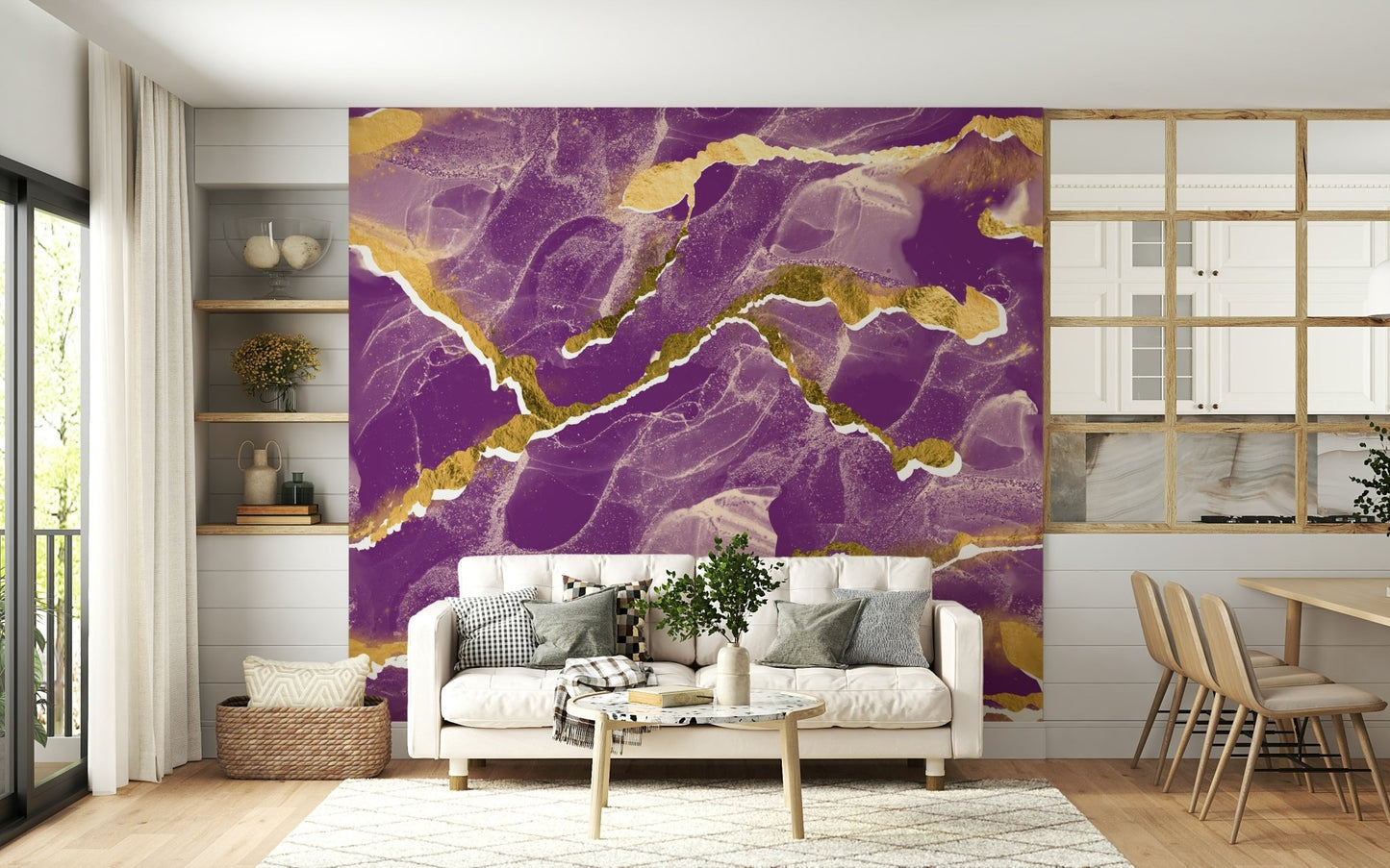 Golden Veins Cosmic Violet Marble accent wall in a dining area.