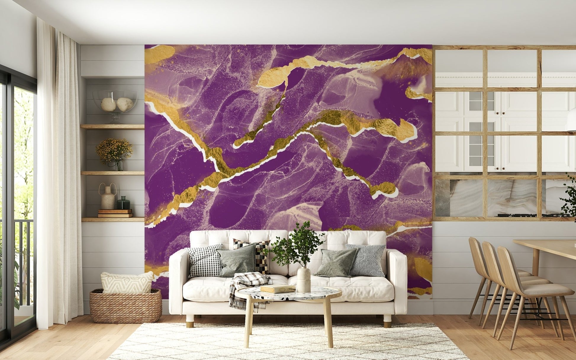 Golden Veins Cosmic Violet Marble accent wall in a dining area.