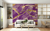 Golden Veins Cosmic Violet Marble accent wall in a dining area.