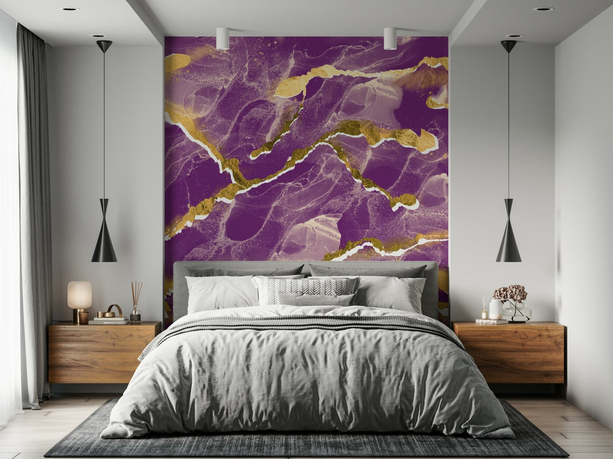 Golden Veins Cosmic Violet Marble luxury bedroom feature wall., GD6233