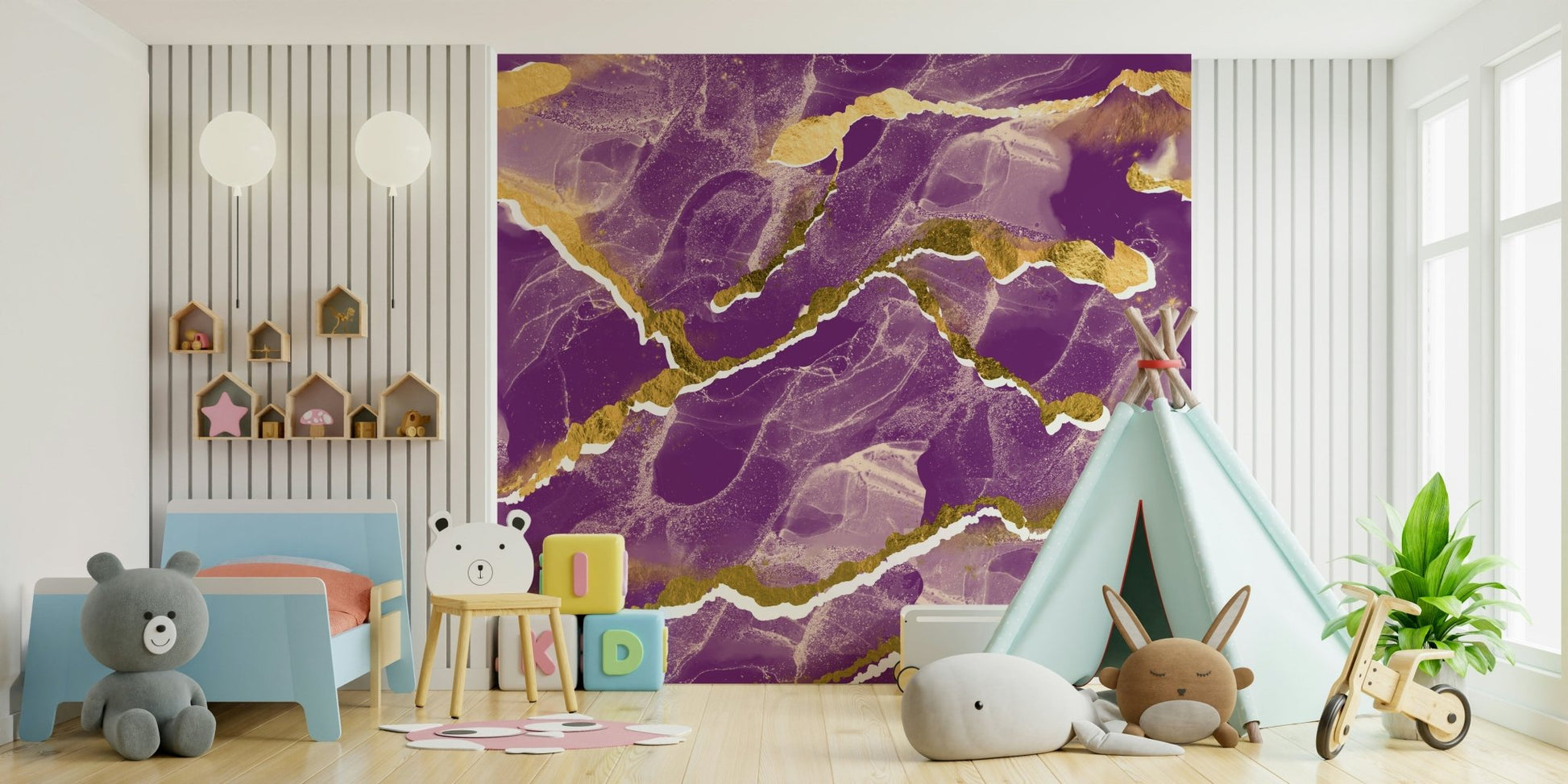 Opulent gold veins texture in the Golden Veins Cosmic Violet Marble mural.