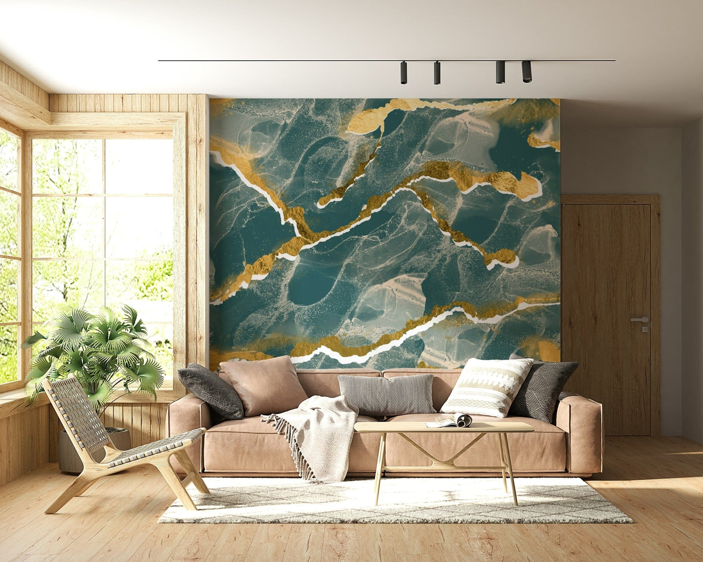 Abstract marble pattern design of the Golden Veins Deep Lagoon Marble mural.