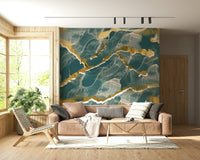 Abstract marble pattern design of the Golden Veins Deep Lagoon Marble mural.