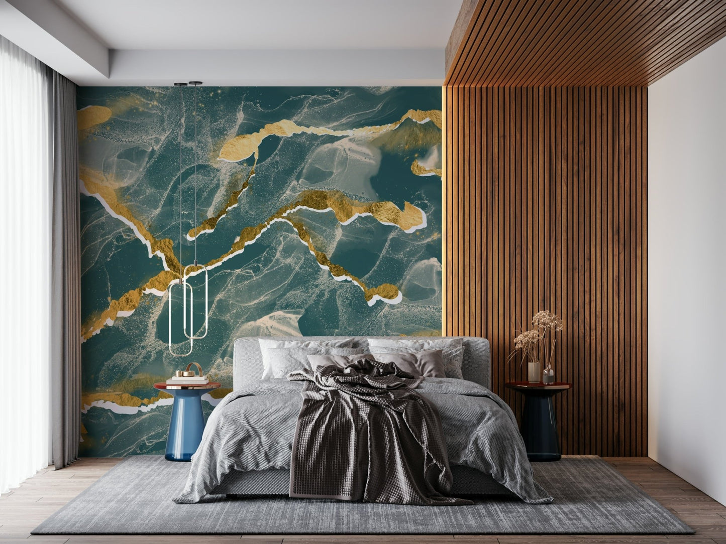 Luxurious designer bedroom with the Golden Veins Deep Lagoon Marble mural.