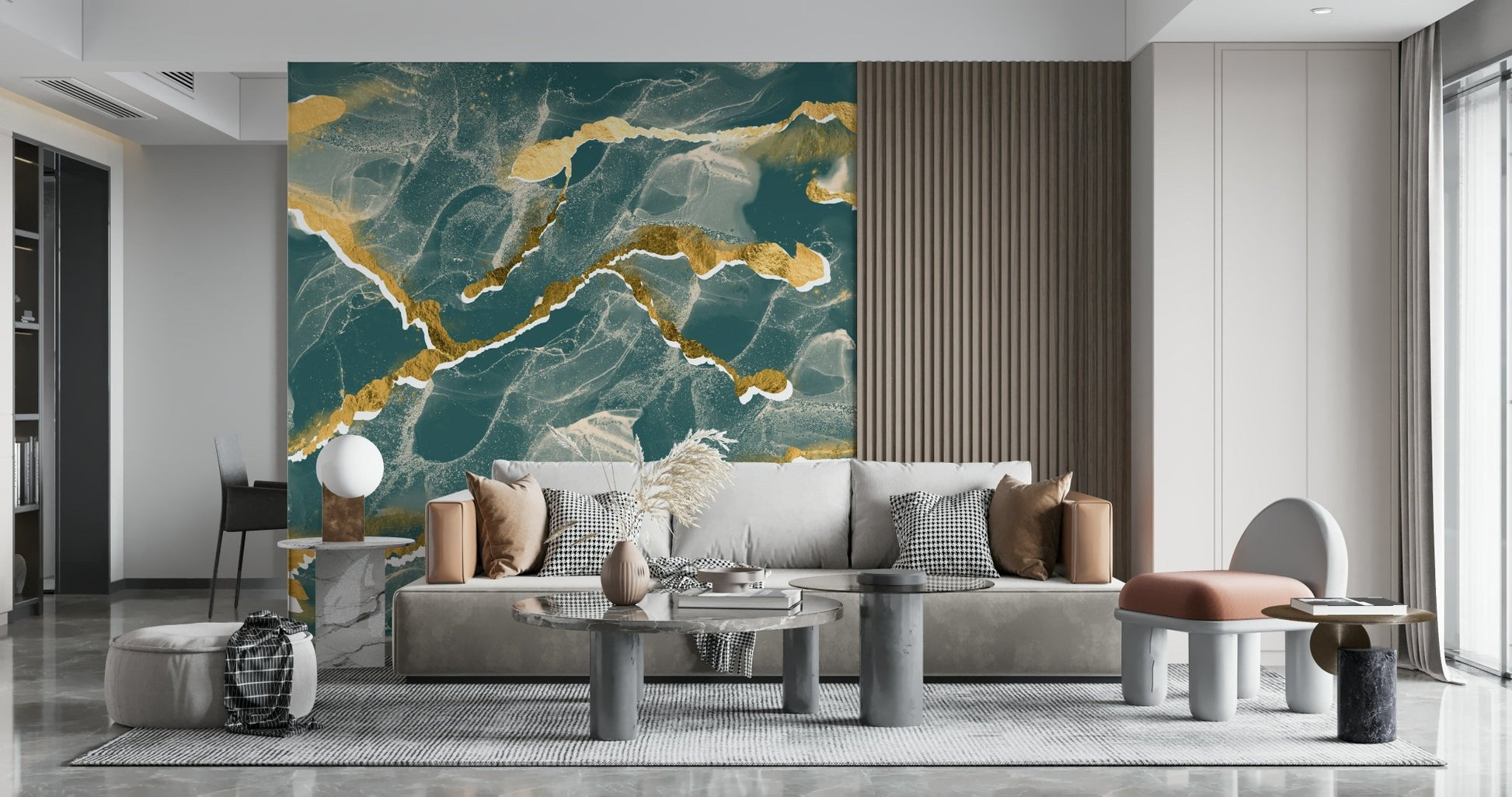 Dark, sophisticated color palette of the Golden Veins Deep Lagoon Marble.