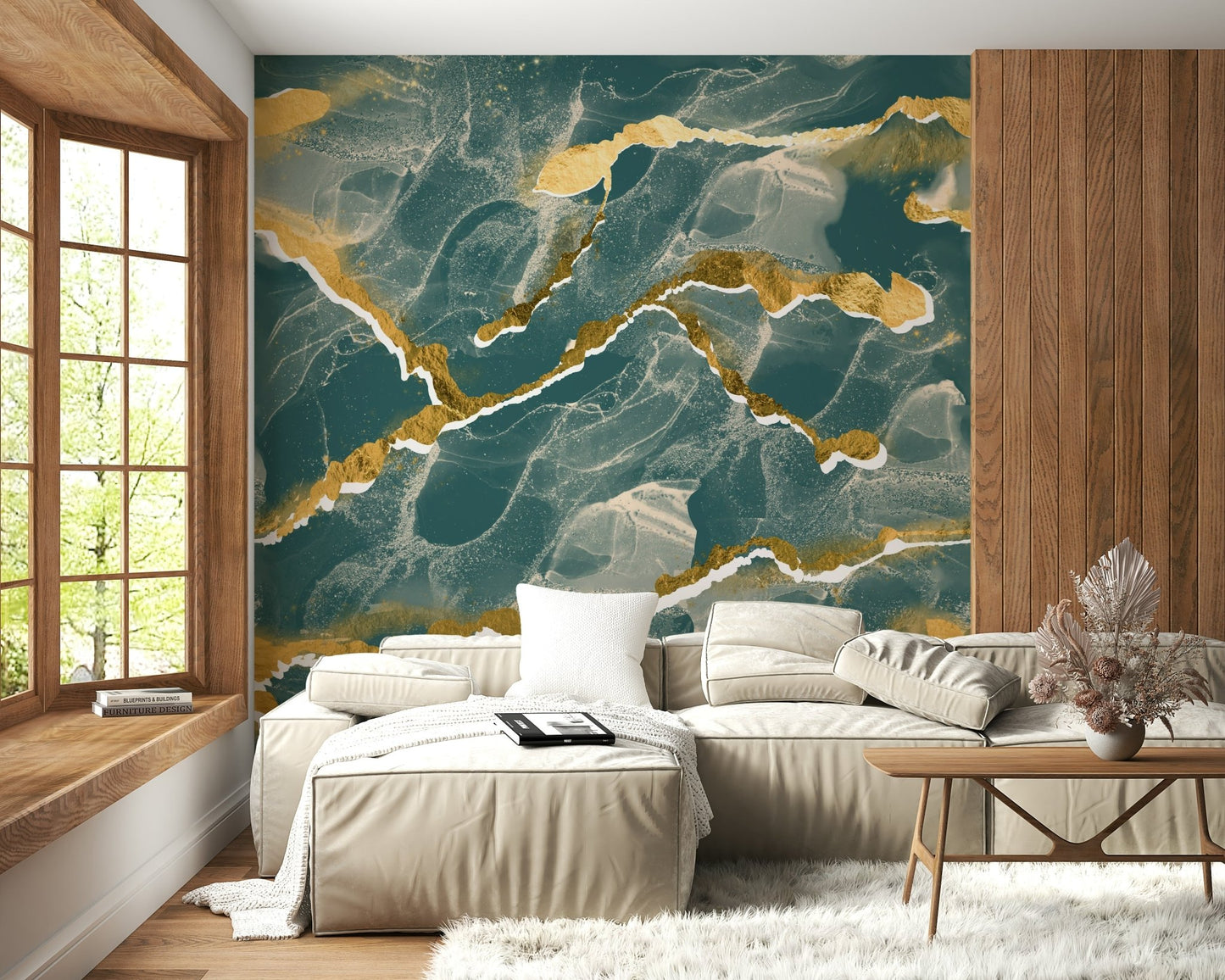 Faux marble feature wall using the Golden Veins Deep Lagoon Marble design.