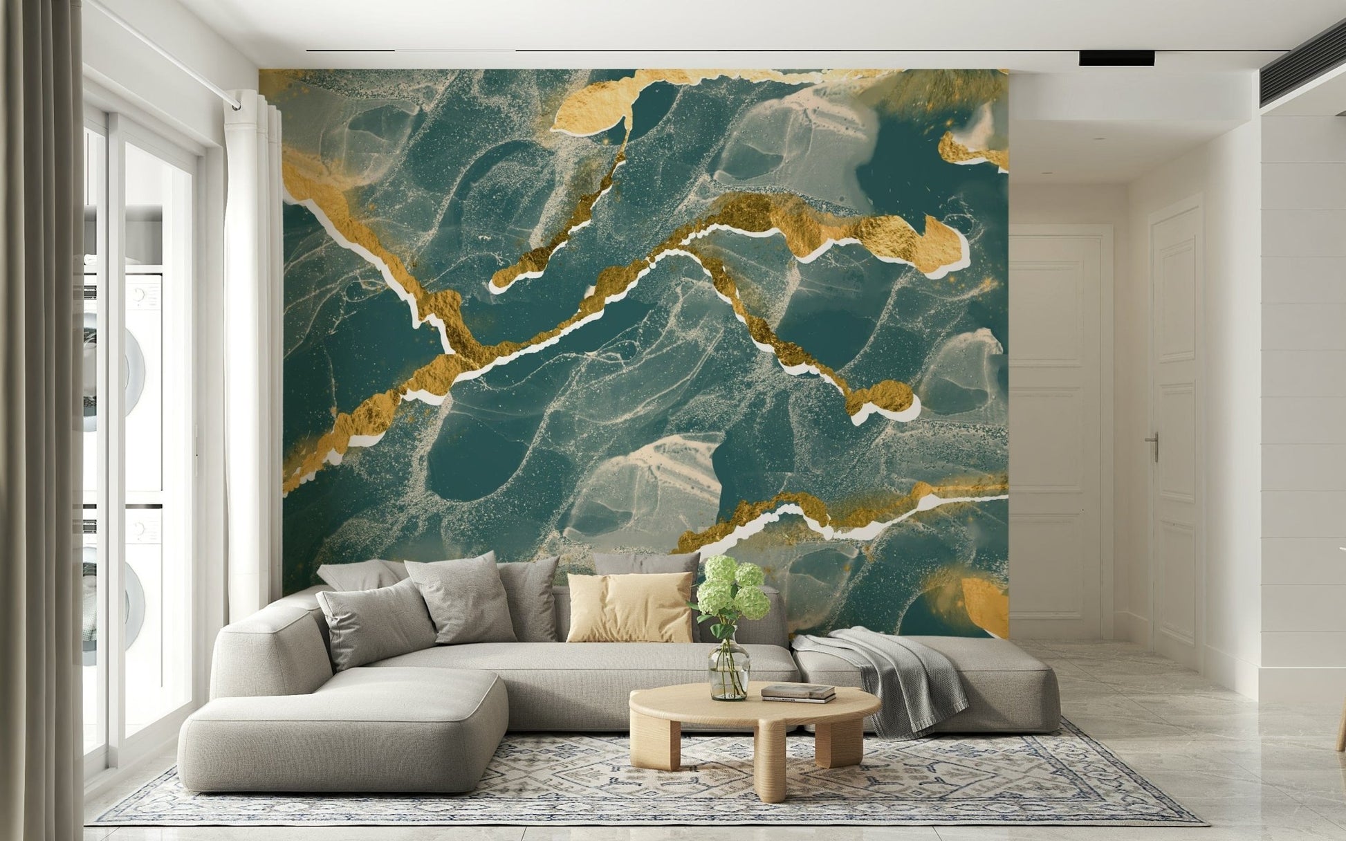 Rich blue and green tones of the Golden Veins Deep Lagoon Marble mural.