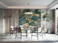 Full view of an elegant dining room with Golden Veins Deep Lagoon Marble.