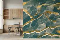Metallic gold veining texture in the Golden Veins Deep Lagoon Marble mural.